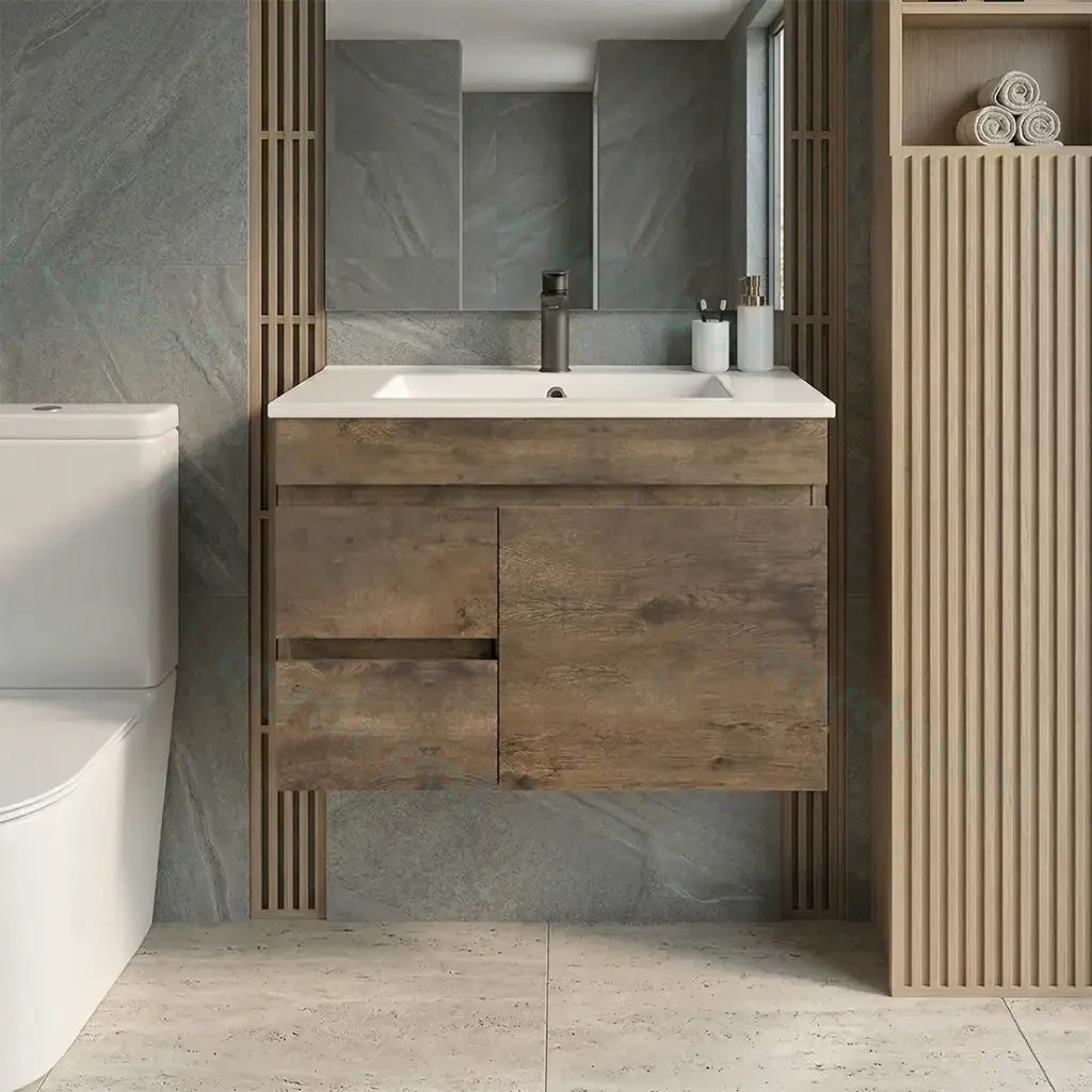 [93147/B74RW-DO] 750mm Dark Oak MDF Wall Hung Bathroom Vanity Cabinet Only Right Drawer PVC Vacuum Filmed