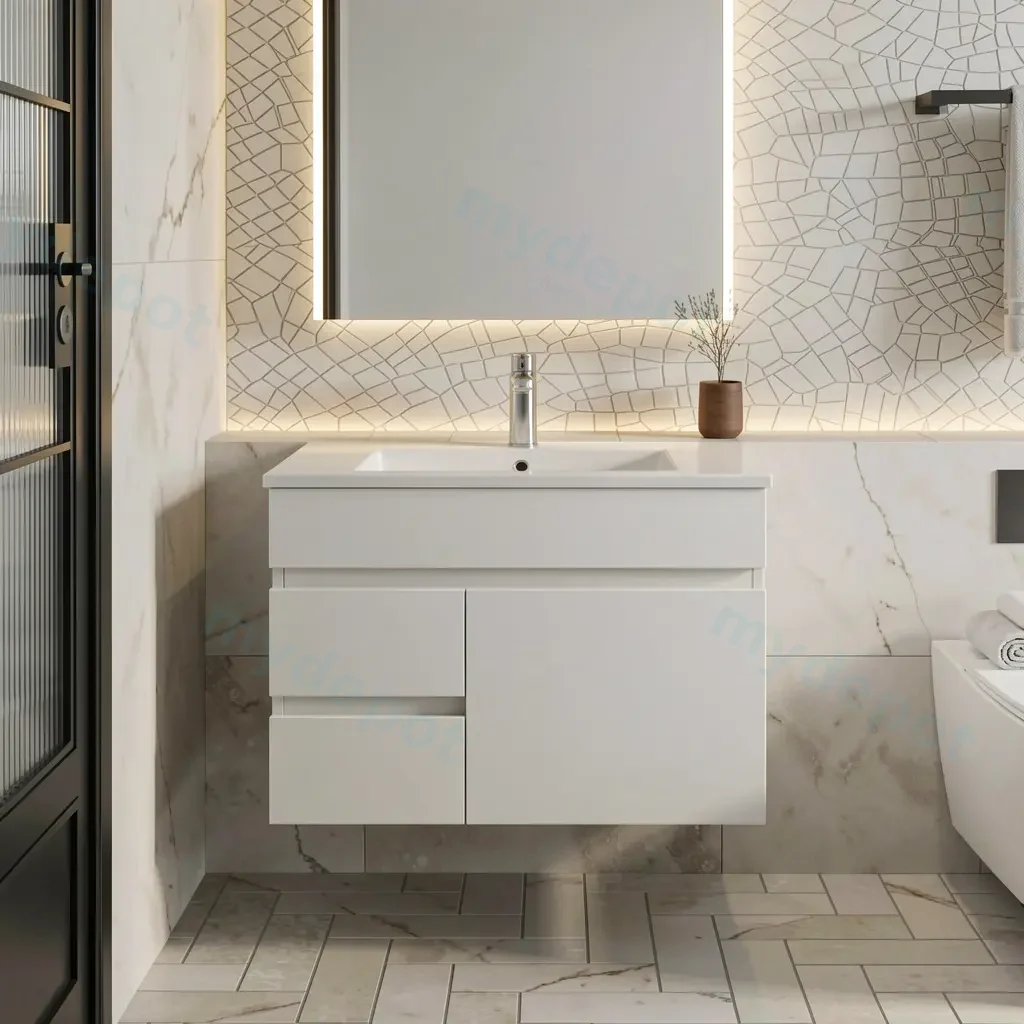 [91013/M74WL] 750mm Gloss White MDF 2 Left Drawers 1Right Door Wall Hung Bathroom Vanity Cabinet Only