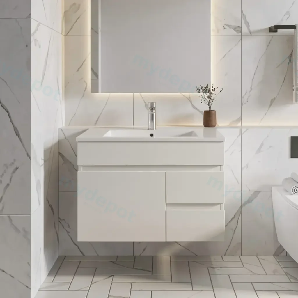 [91014/M74WR] 750mm Gloss White MDF 2Right Drawers 1 Left Door  Wall Hung Bathroom Vanity Cabinet Only