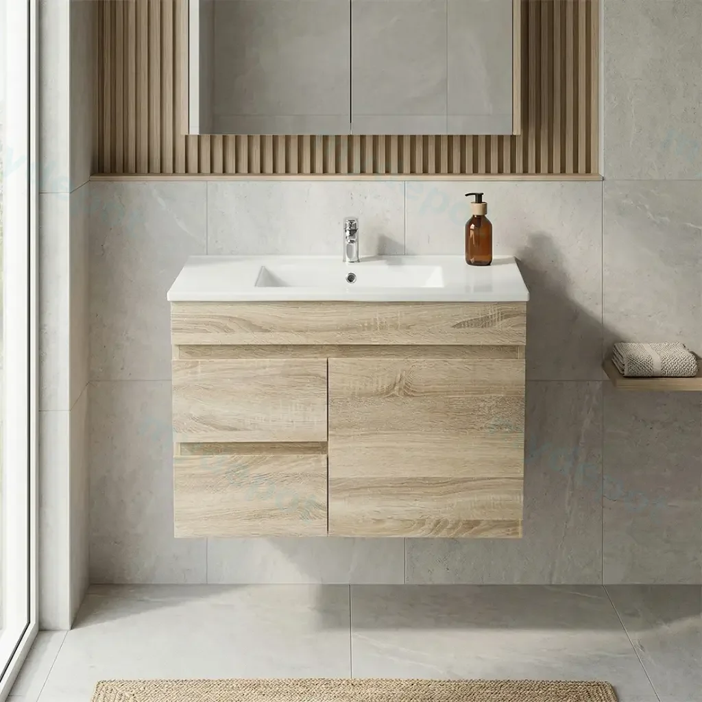 [93149/B74LW-WO] 750mm White Oak MDF Wall Hung Bathroom Vanity Cabinet Only Left Drawer PVC Vacuum Filmed