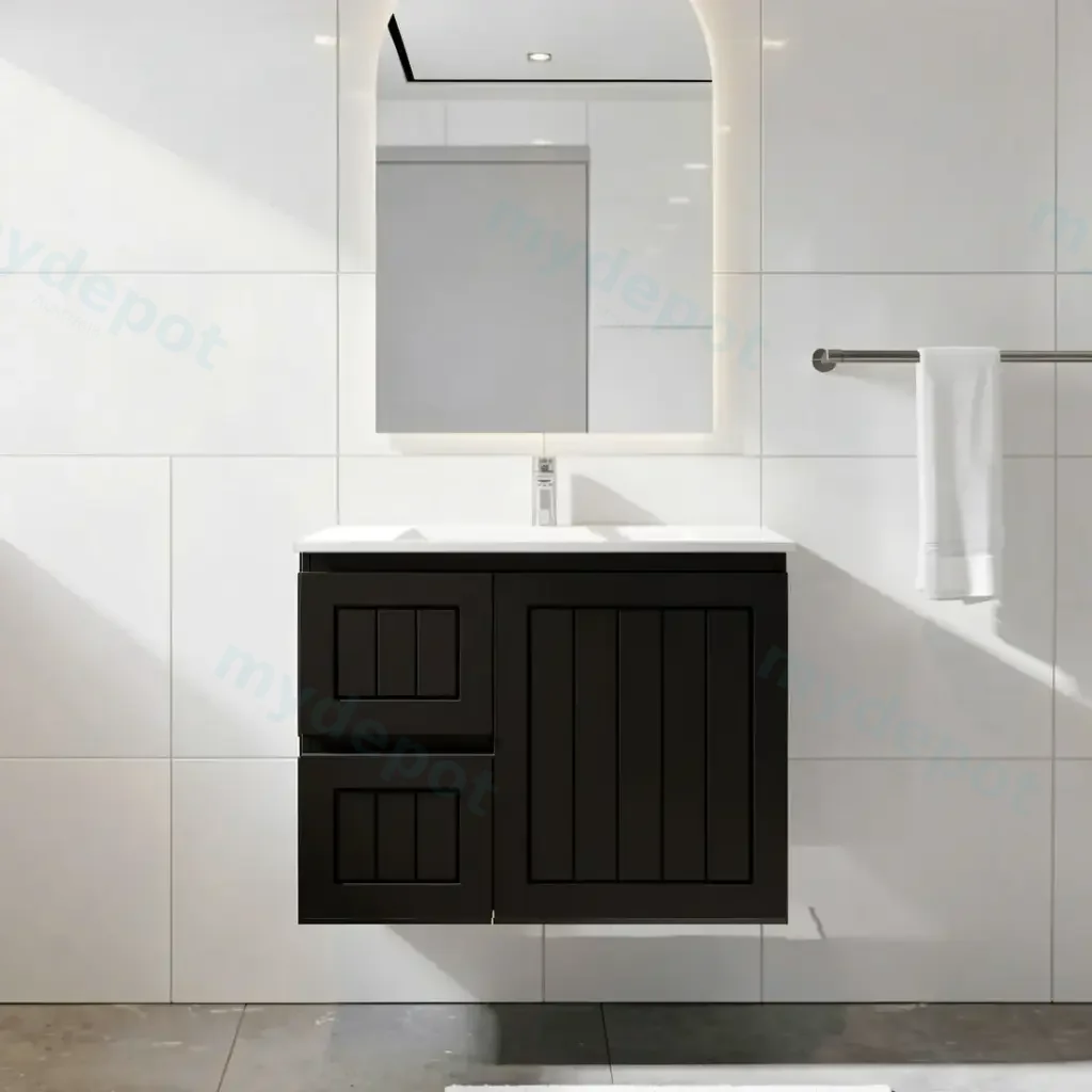 [91091/AM74WL-MB] 750mm Amber Matte Black MDF 2 Left Drawers 1 Right Door Wall Hung Bathroom Vanity Cabinet Only