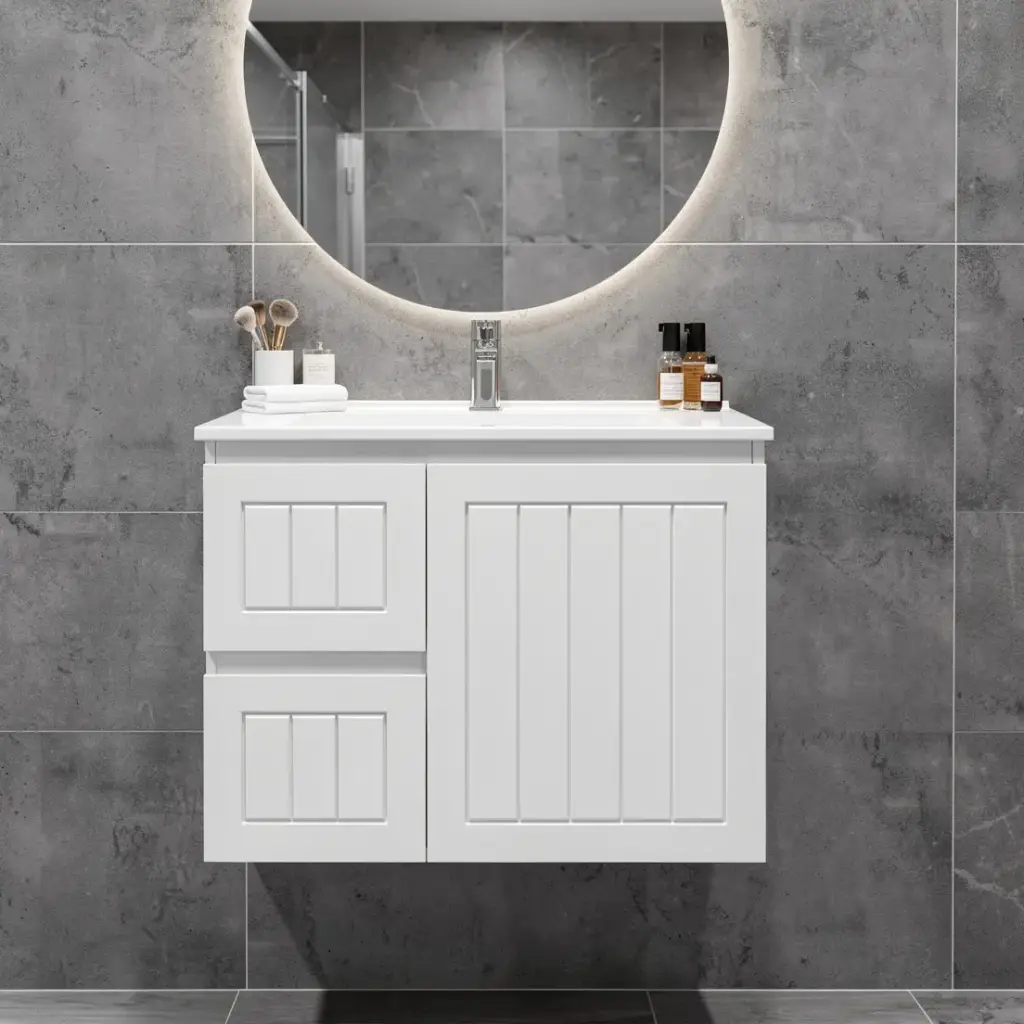 750Lx550Hx460Dmm Amber Matte White 2PAC MDF 2L/DW 1R/DR Wall Hung Vanity