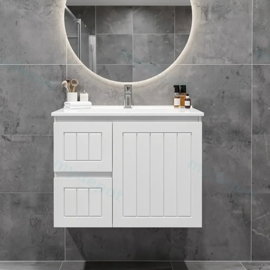 [91086/AM74WL-MW] 750mm Amber Matte White MDF 2 Left Drawers 1 Right Door Wall Hung Bathroom Vanity Cabinet Only