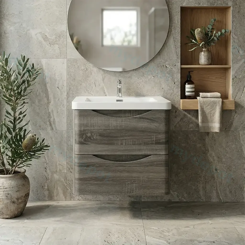[93238/OW750DG] 750mm Dark Grey MDF Board with PVC Vacuum Filmed Two Drawers Curved Wall Hung Vanity Cabinet Only