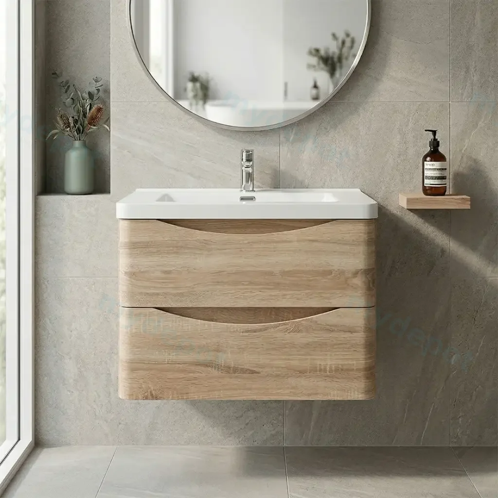 [93237/OW750WO] 750mm White Oak MDF Board with PVC Vacuum Filmed Two Drawers Curved Wall Hung Vanity Cabinet Only