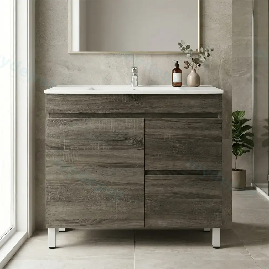 [93114/B73RL-DG] 750mm Slim Dark Grey MDF Freestanding Bathroom Vanity Cabinet Only Right Drawer PVC Vacuum Filmed