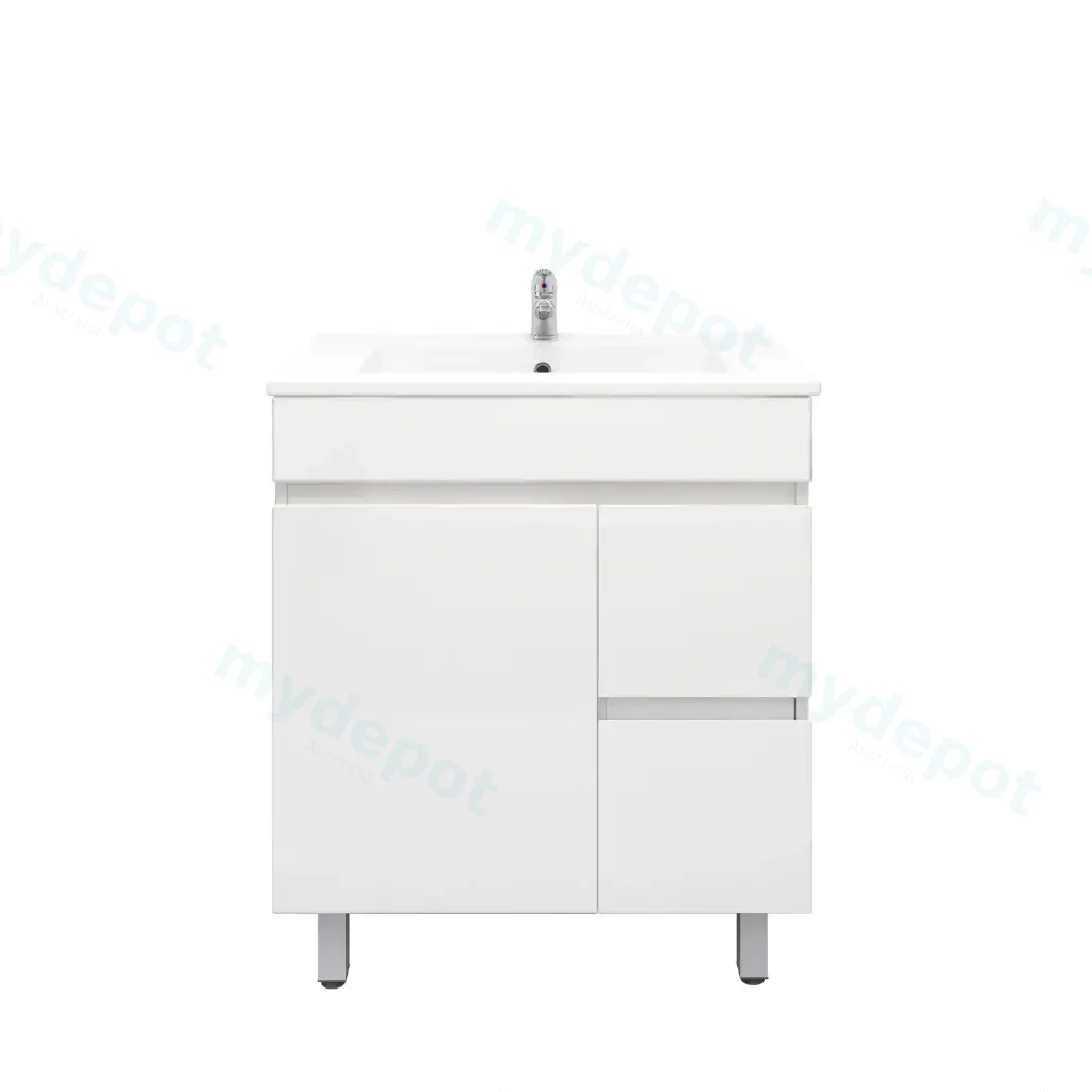 [92007/PVC73LR] 750mm Slim Freestanding Bathroom Vanity Cabinet Only PVC Right Drawer Gloss White