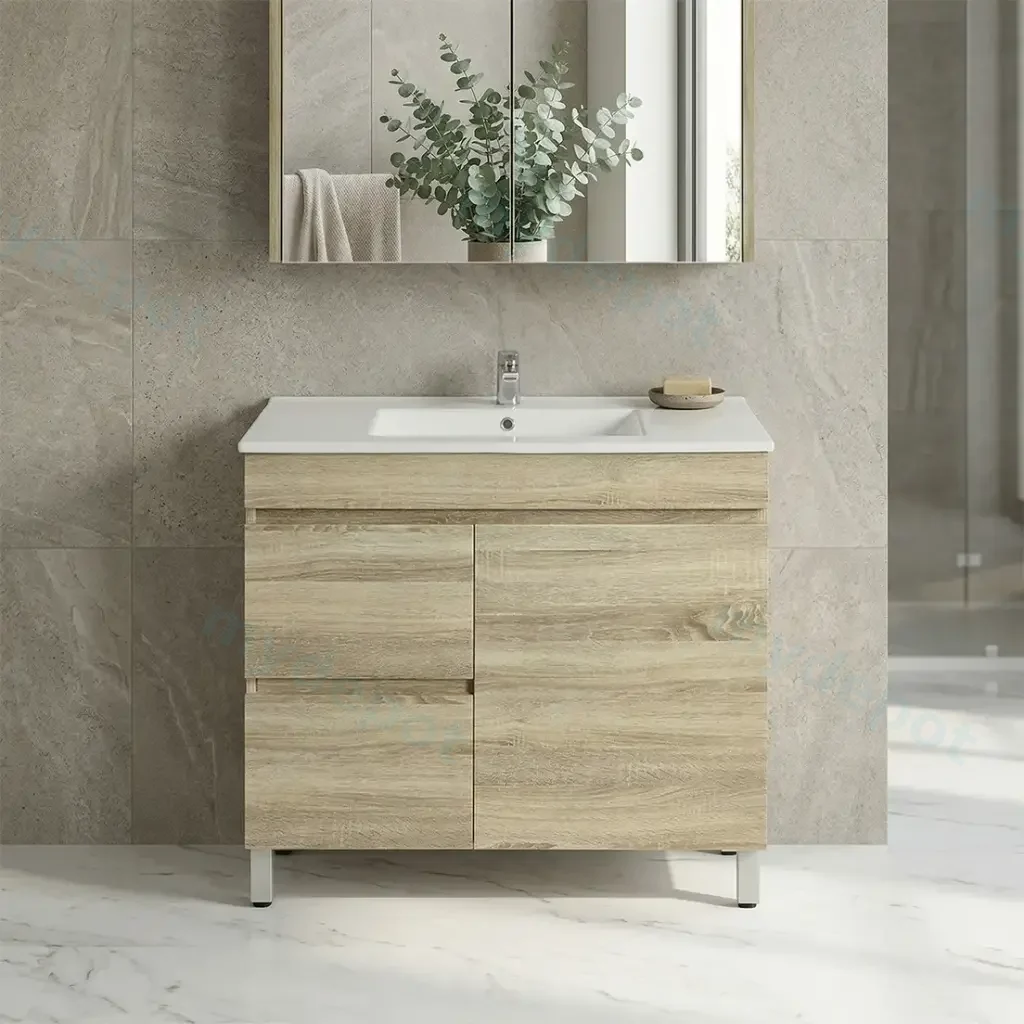 [93117/B73LL-WO] 750mm Slim White Oak MDF Freestanding Bathroom Vanity Cabinet Only Left Drawer PVC Vacuum Filmed