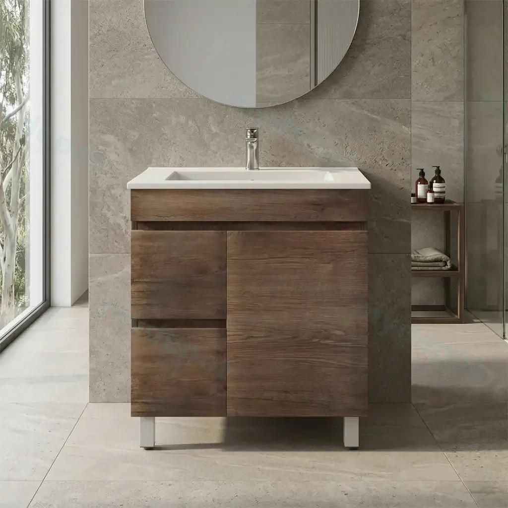 [93111/B74LL-DO] 750mm Darl Oak MDF Freestanding Bathroom Vanity Cabinet Only Left Drawer PVC Vacuum Filmed