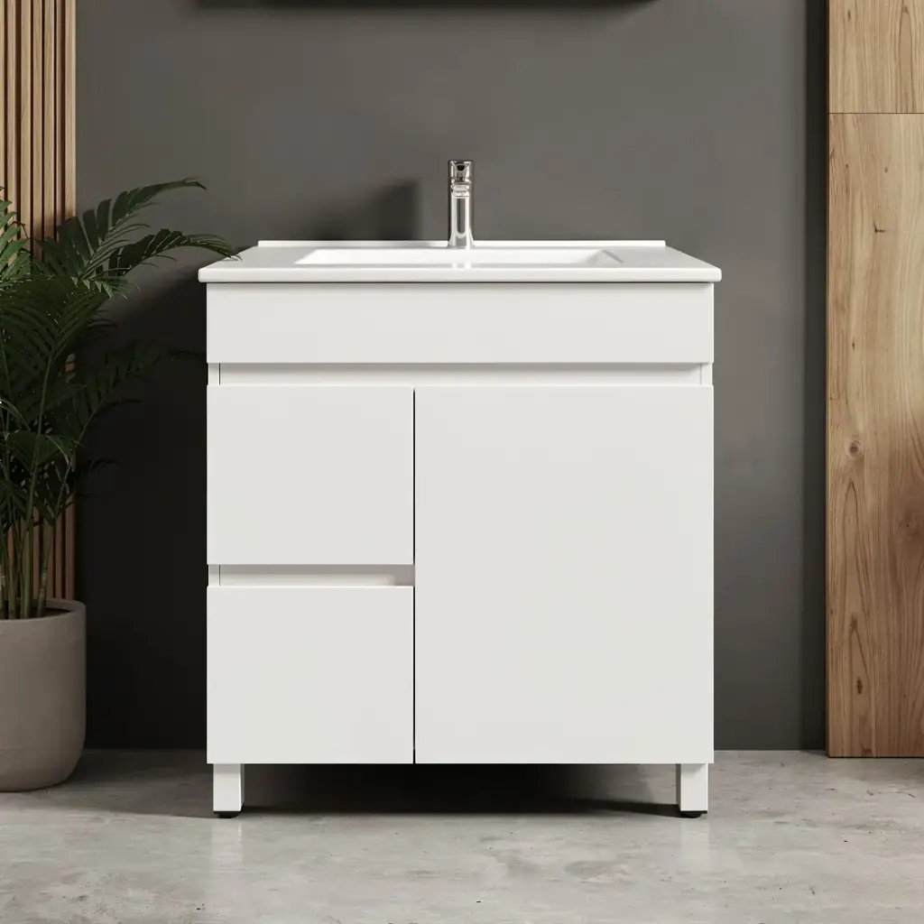 750Lx830Hx450Dmm Gloss White 2PAC MDF 2L/DW 1R/DR Freestanding Vanity