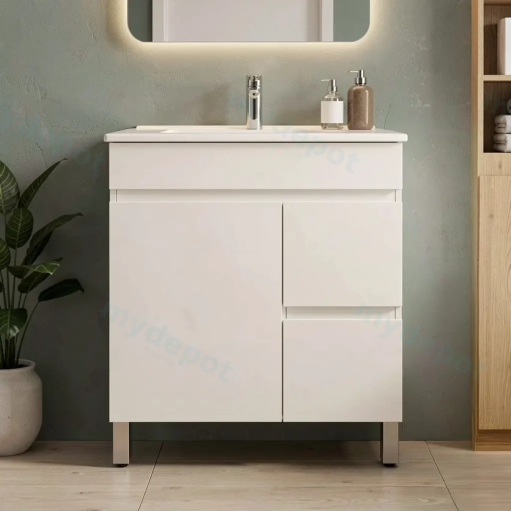 [91011/M74LR] 750mm Gloss White MDF 2 Right Drawers 1 Left Door Freestanding Bathroom Vanity Cabinet Only