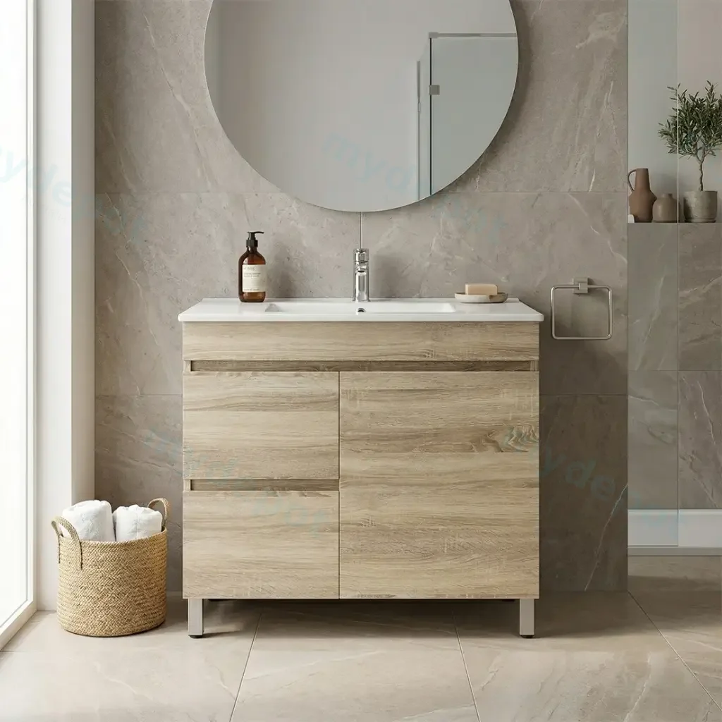 [93109/B74LL-WO] 750mm White Oak MDF Freestanding Bathroom Vanity Cabinet Only Left Drawer PVC Vacuum Filmed
