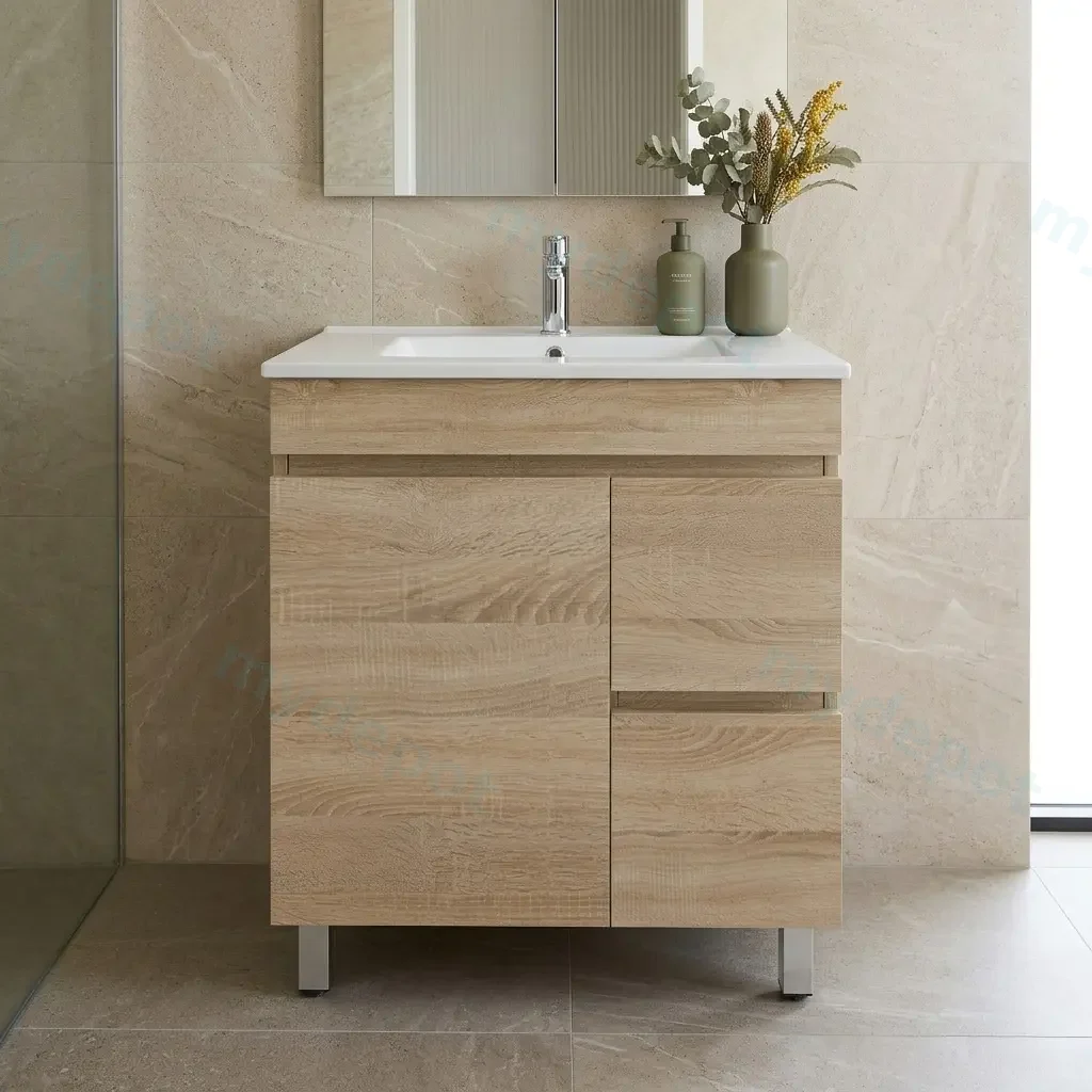 [93105/B74RL-WO] 750mm White Oak MDF Freestanding Bathroom Vanity Cabinet Only Right Drawer PVC Vacuum Filmed