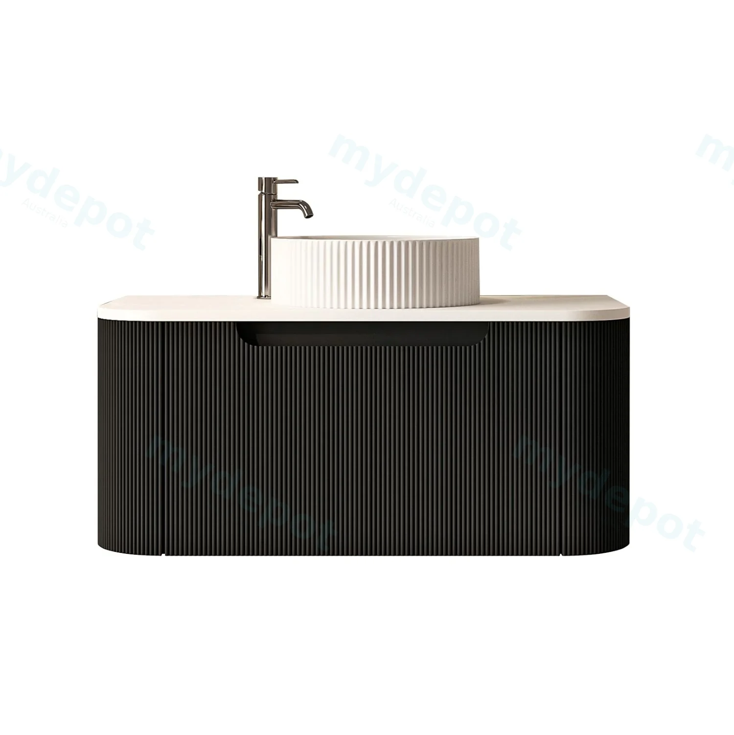 [50781] 750x460x400mm Rome Matt Black Round Edge Grooved Wall Hung MDF Vanity With White Quartz Stone Top One Soft Closing Drawer