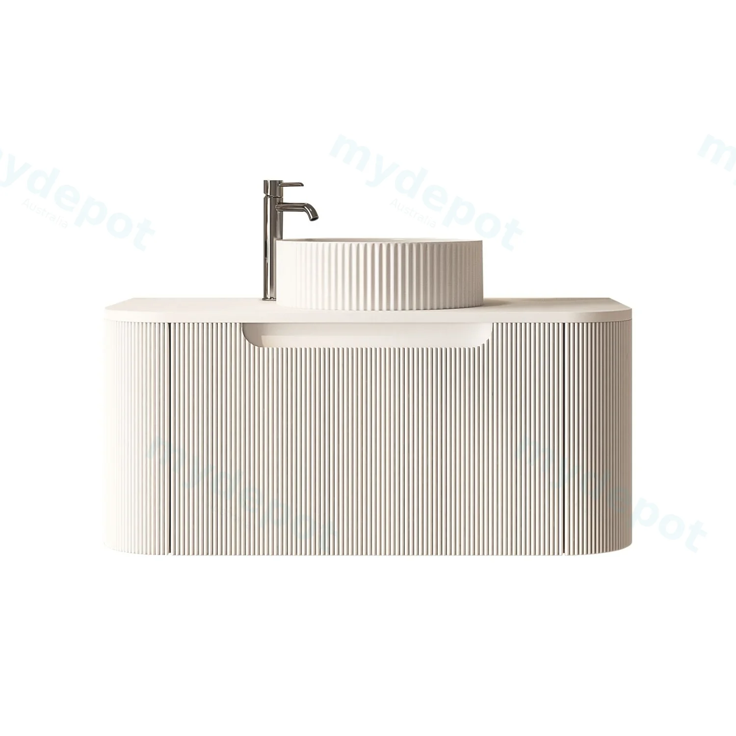 [50782] 750x460x400mm Rome Matt White Round Edge Grooved Wall Hung MDF Vanity With White Quartz Stone Top One Soft Closing Drawer