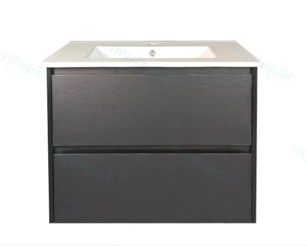 [50759] 750x460x560mm Hera Black Oak Wall Hung MDF Vanity With Black Stone Top Two Soft Closing Drawers