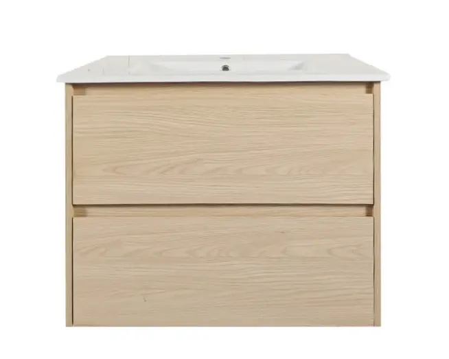 750x460x560mm Hera Tas Oak Wall Hung MDF Vanity With Carrara White Stone Top Two Soft Closing Drawers