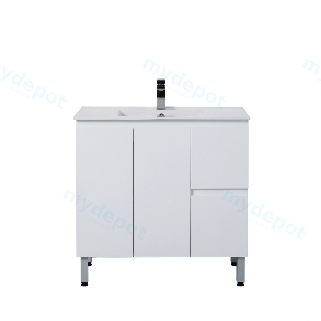 [56846] 890*355*860mm Ensuite Gloss White Alpha Ensuite Free Standing PVC Vanity,Right Hand Drawers