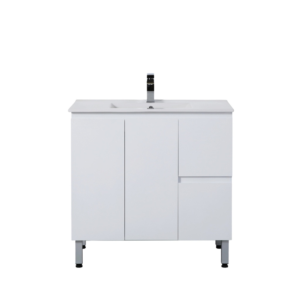 [56846] 890*355*860mm Ensuite Gloss White Alpha Ensuite Free Standing PVC Vanity,Right Hand Drawers
