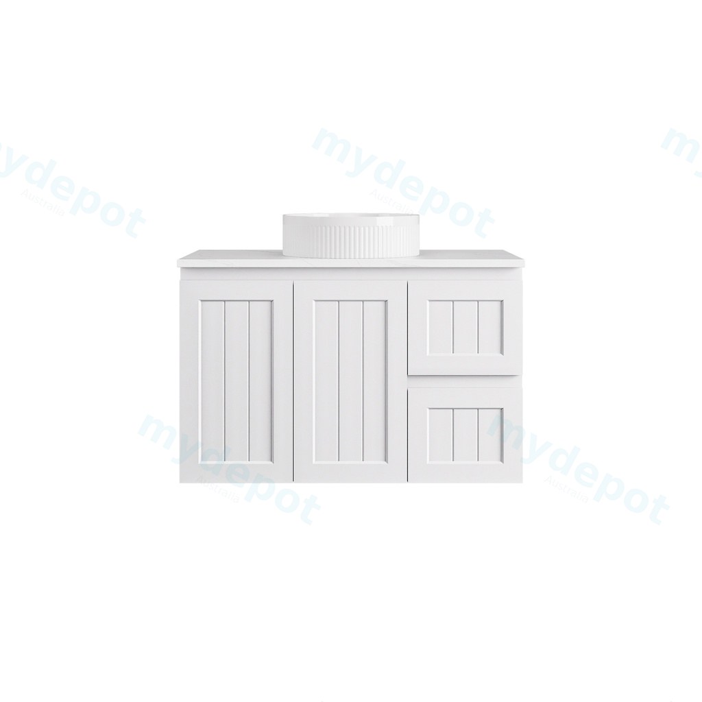 [56735] 890*360*560mm Matte White Archill Federation Wall Hung Ensuite PVC Cabinet Right Hand Drawer