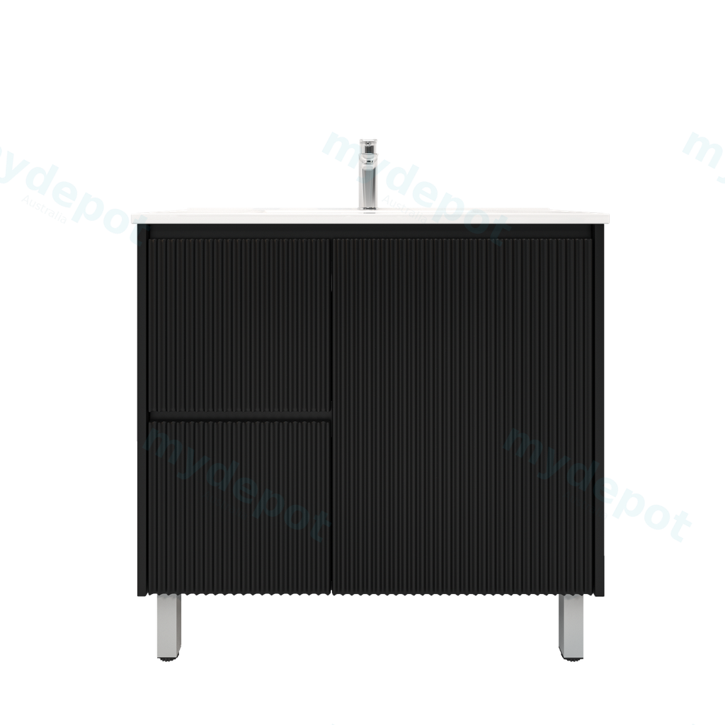 [92094/PVCKB94LL-MB] 900mm Brio Freestanding Bathroom Vanity Cabinet Only PVC Left Drawer Fluted Matte Black
