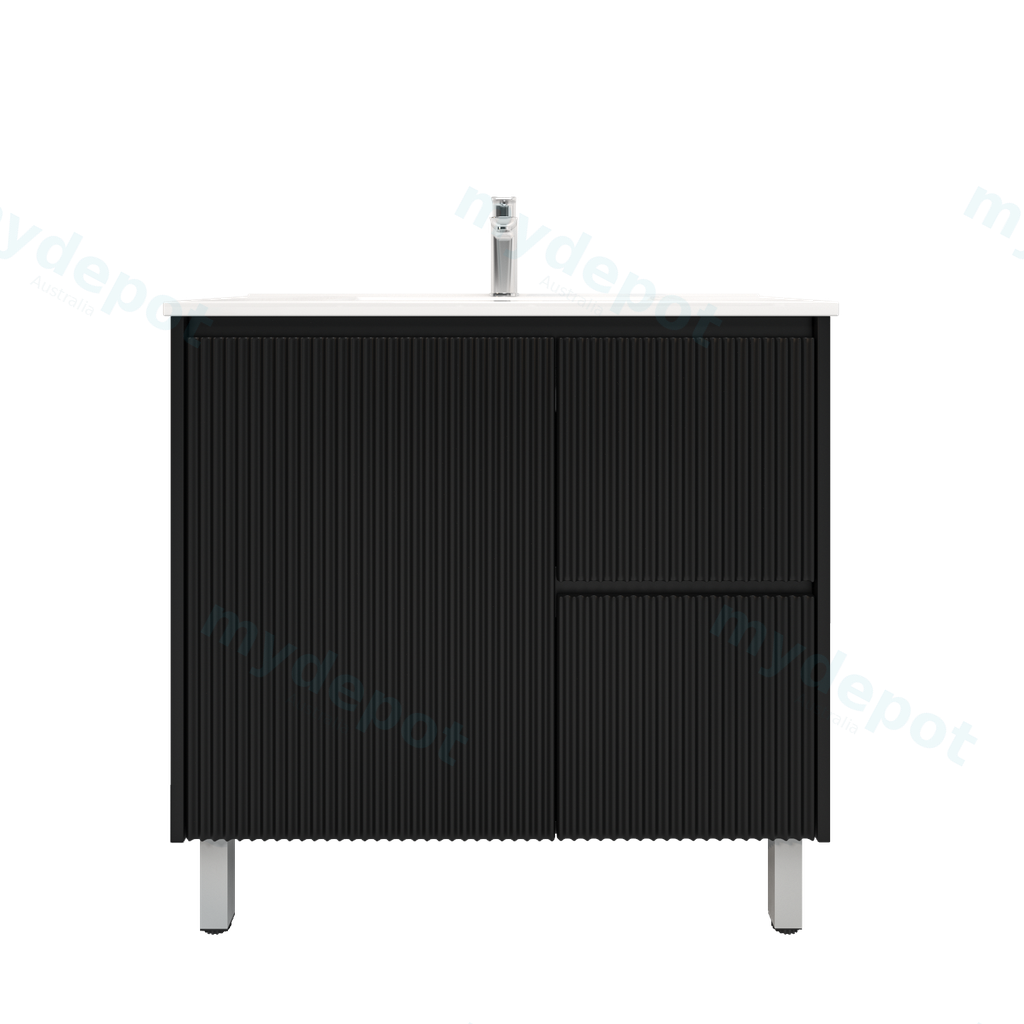 [92095/PVCKB94LR-MB] 900mm Brio Freestanding Bathroom Vanity Cabinet Only PVC Right Drawer Fluted Matte Black