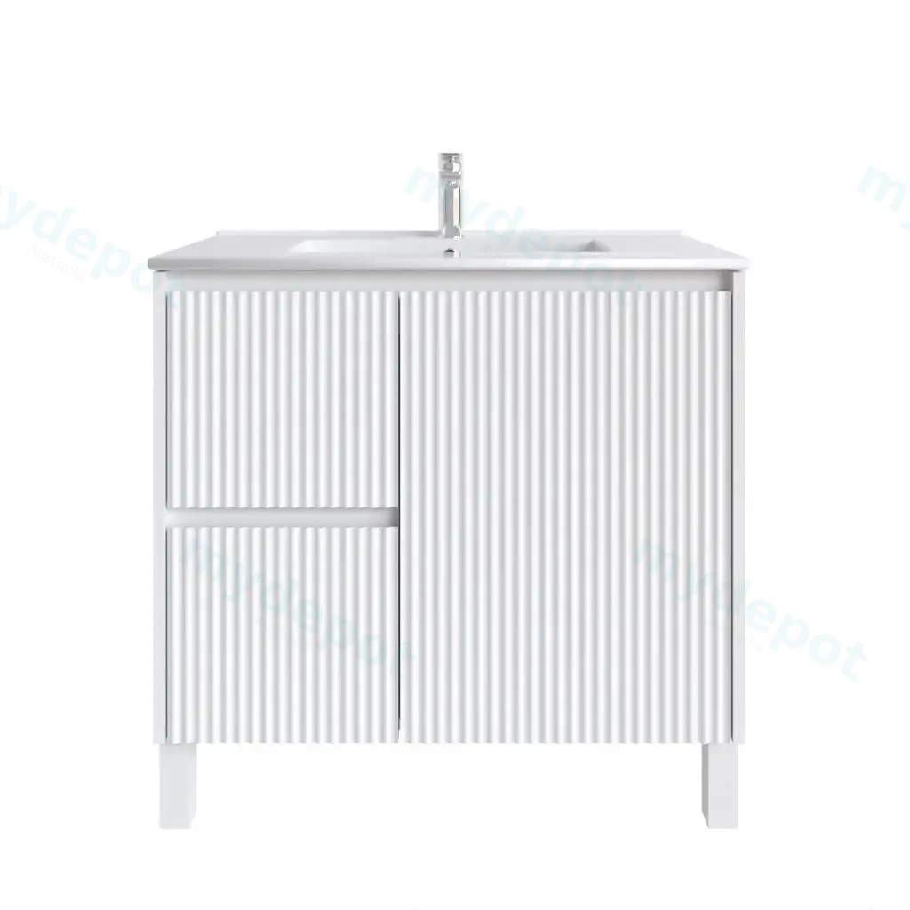 [92105/N-PVCKB94LL-MW] 900mm Freestanding Bathroom Vanity Cabinet Only PVC Left Drawer Fluted Matte White