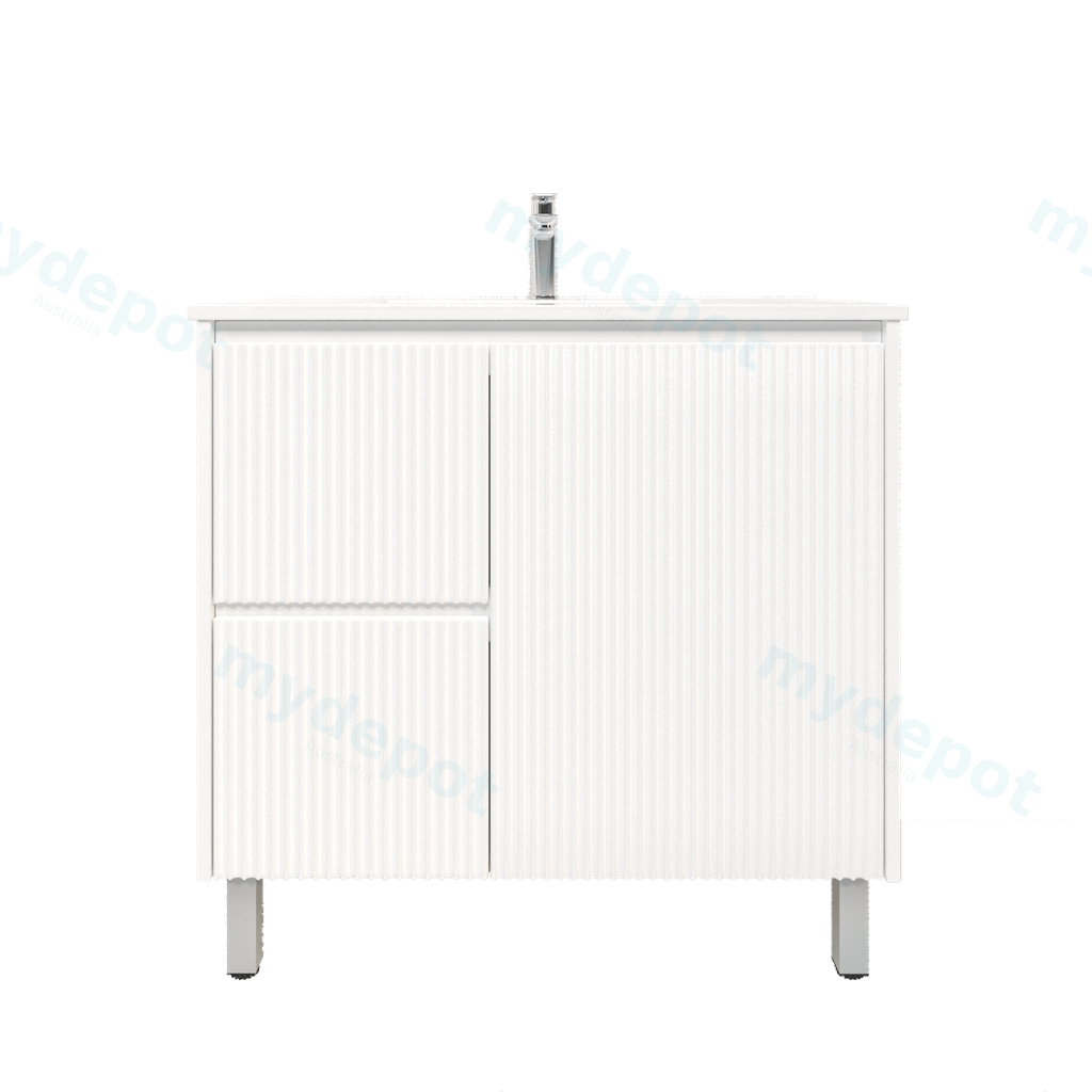 [92087/PVCKB94LL-MW] 900mm Brio Freestanding Bathroom Vanity Cabinet Only PVC Left Drawer Fluted Matte White