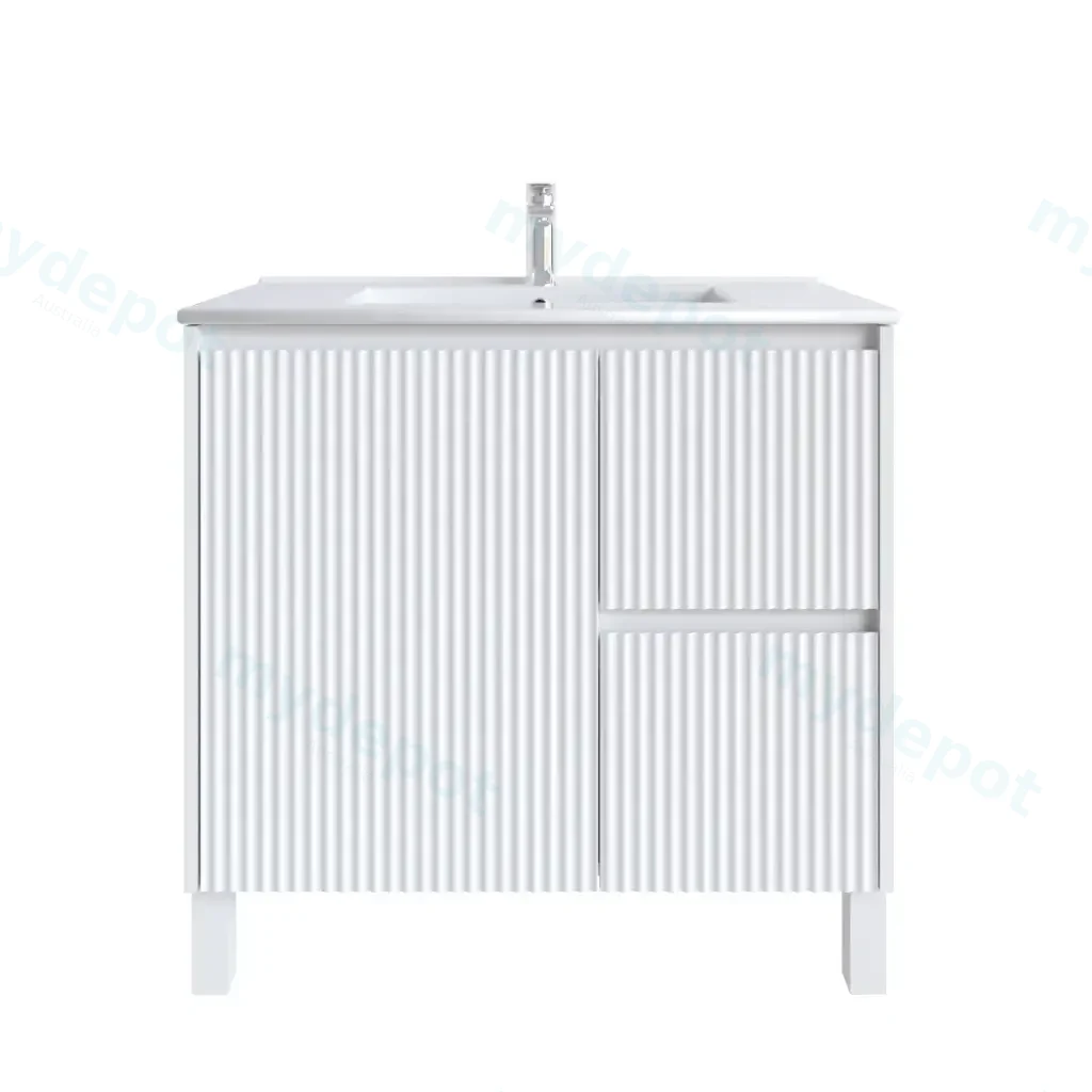 [92106/N-PVCKB94LR-MW] 900mm Freestanding Bathroom Vanity Cabinet Only PVC Right Drawer Fluted Matte White