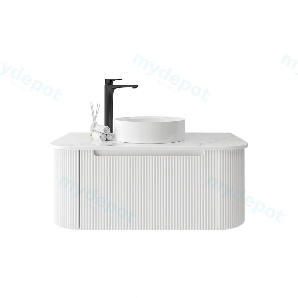 [92081/PVCKC95W-MW] 900mm Matte White PVC One Drawer Curved Wall Hung Vanity Cabinet Only