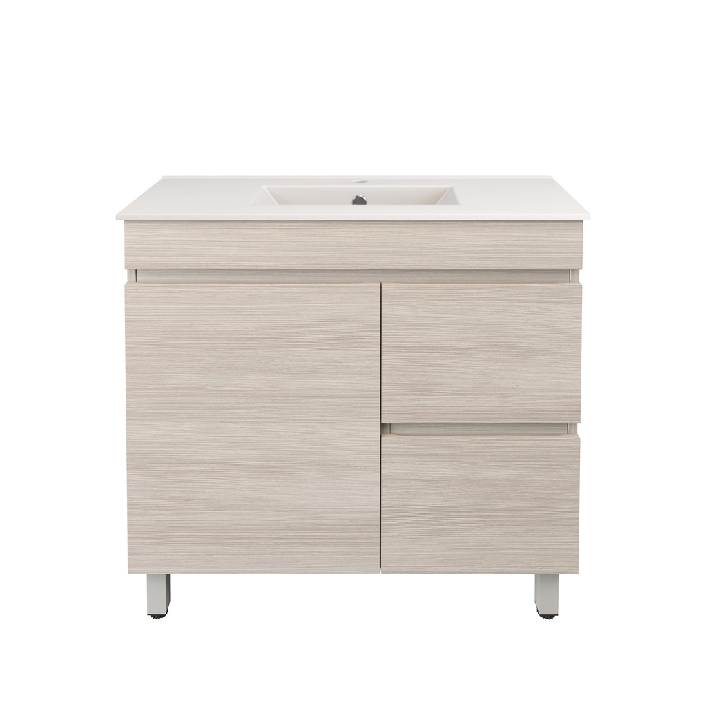 890X355X710mm Camden Modern Free Standing Cabinet Coastal Oak,Soft Closing Finger Pull Door,Right Hand Drawers