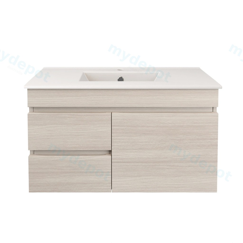 [56545] 890X370X500mm Camden Modern Wall Hung Cabinet Coastal Oak,Soft Closing Finger Pull Door,Left Hand Drawers