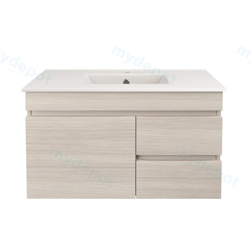 [56546] 890X370X500mm Camden Modern Wall Hung Cabinet Coastal Oak,Soft Closing Finger Pull Door,Right Hand Drawers