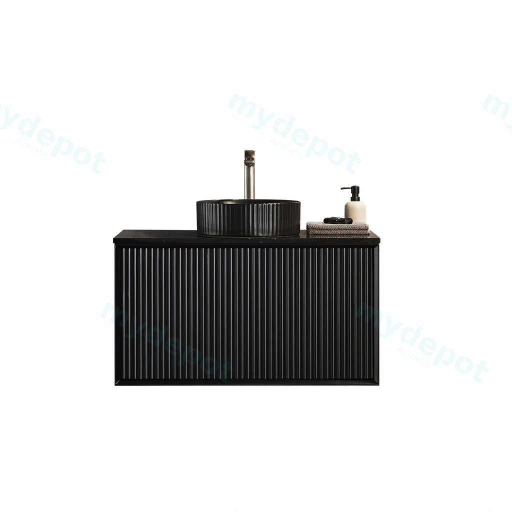 [56670] 890X455X480mm Matte Black Kliff Modern Fluted Wall Hung Vanity PVC Cabinet