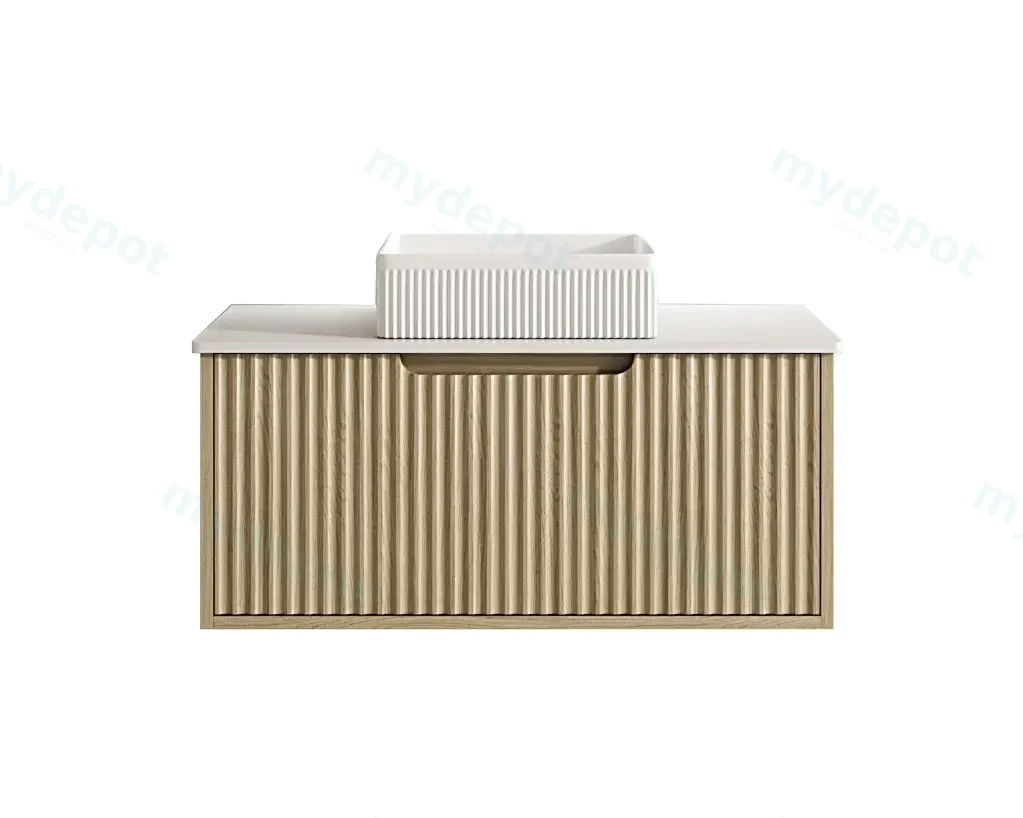 [50571] 890x455x390 Natural Oak Premium Straight Edge Wall Hung vanity With White  Stone Top