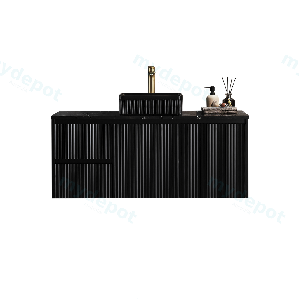[56611] 890x455x480mm Matte Black Crete Modern Fluted Wall Hung Vanity PVC Cabinet,Left Hand Drawers