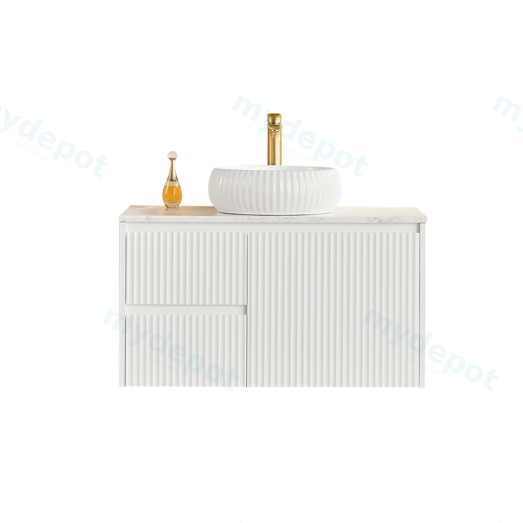 [56601] 890x455x480mm Matte White Crete Modern Fluted Wall Hung Vanity PVC Cabinet,Left Hand Drawers