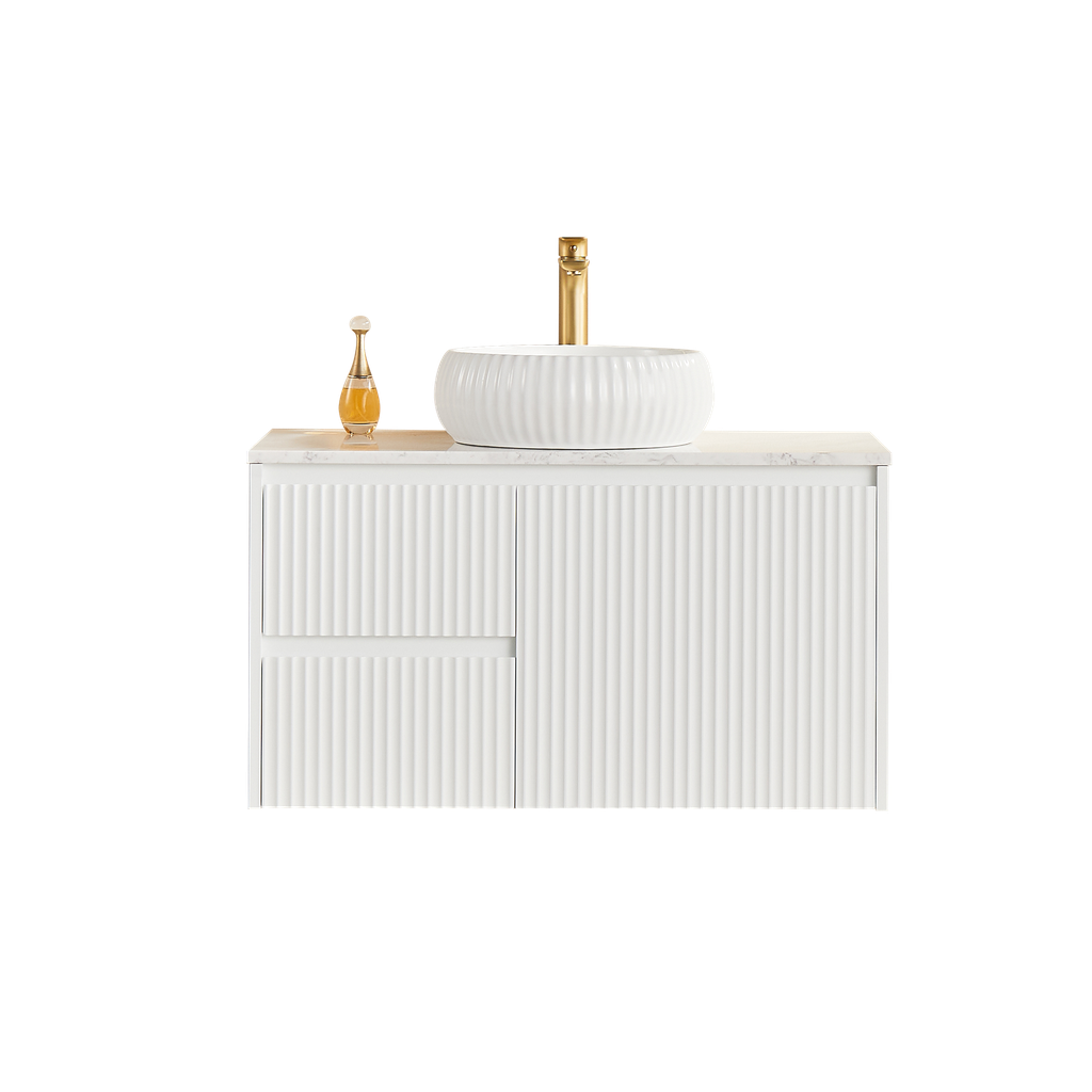 [56601] 890x455x480mm Matte White Crete Modern Fluted Wall Hung Vanity PVC Cabinet,Left Hand Drawers