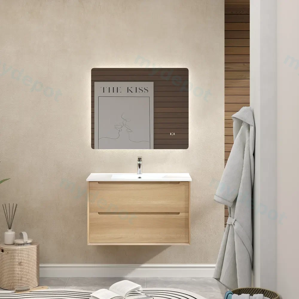 [93406/BE9046W-NO] 900mm Bell Collection Natural Oak Plywood 2 Drawers Wall Hung Bathroom Vanity Cabinet Only