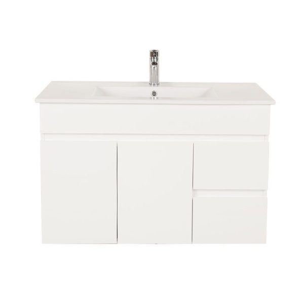 900*450*560mm Wall Hung Gloss White PVC Vanity Right Drawer With Ceramic Top