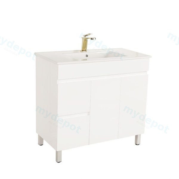 [50524] 900*450*710mm Freestangding Gloss White PVC Vanity Left Drawer With Ceramic Top