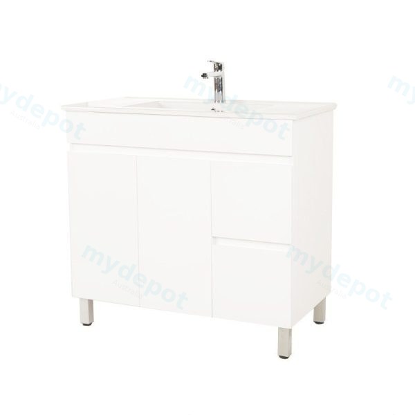 [50525] 900*450*710mm Freestangding Gloss White PVC Vanity Right Drawer With Ceramic Top