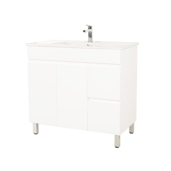 900*450*710mm Freestangding Gloss White PVC Vanity Right Drawer With Ceramic Top
