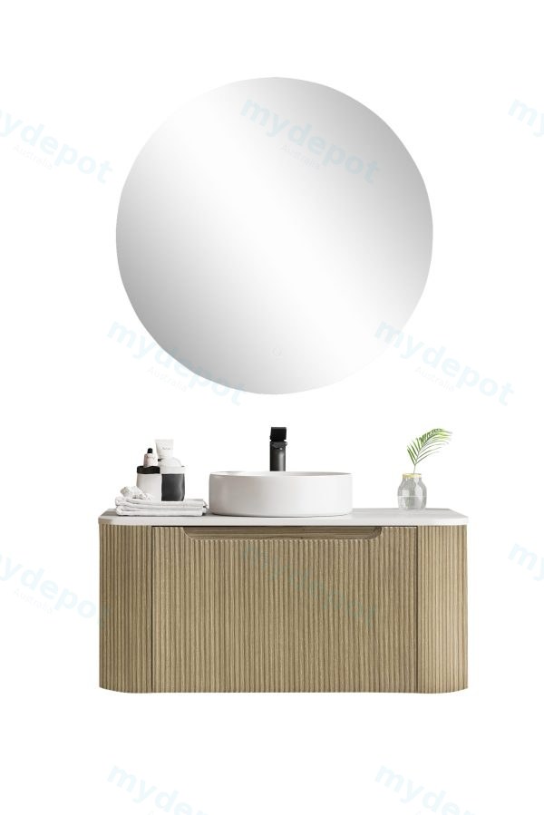 [50425] 900*460*400mm Bur Oak Round Edge Grooved Wall Hung Vanity Cabinet Only Soft Closed Single Drawer