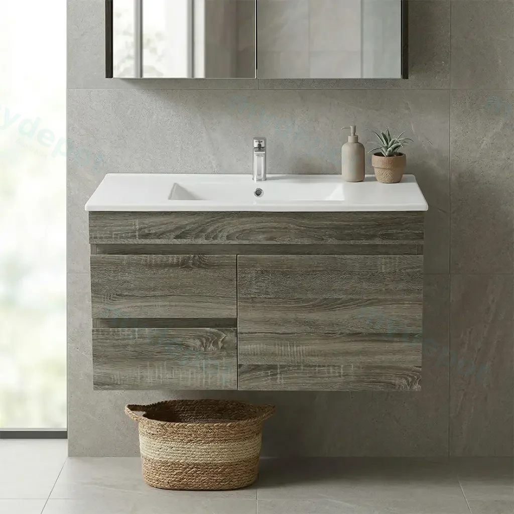 [93166/B94LW-DG] 900mm Dark Grey MDF Wall Hung Bathroom Vanity Cabinet Only Right Drawer PVC Vacuum Filmed