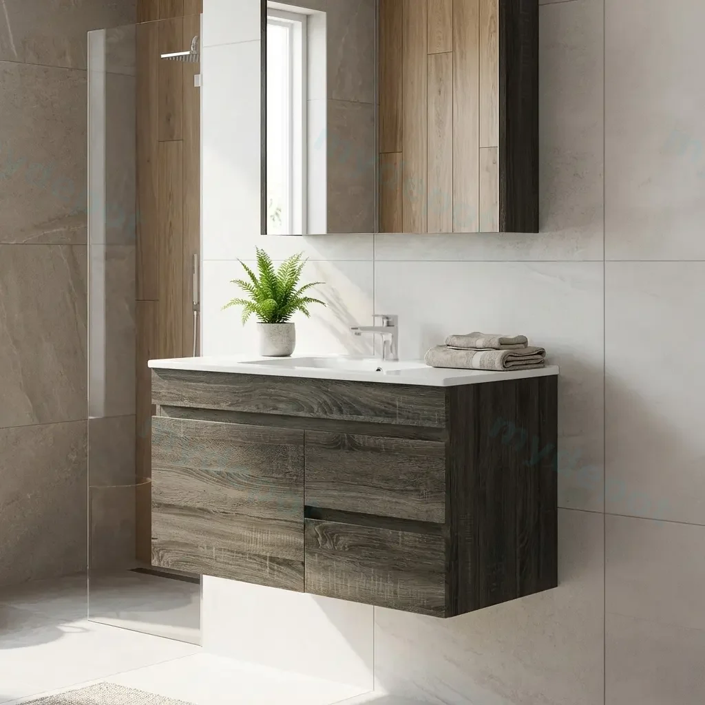 [93162/B94RW-DG] 900mm Dark Grey MDF Wall Hung Bathroom Vanity Cabinet Only Left Drawer PVC Vacuum Filmed
