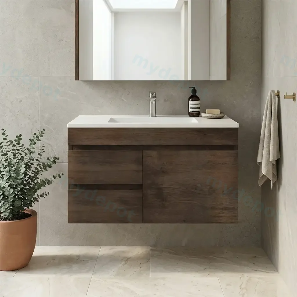 [93167/B94LW-DO] 900mm Dark Oak MDF Wall Hung Bathroom Vanity Cabinet Only Right Drawer PVC Vacuum Filmed