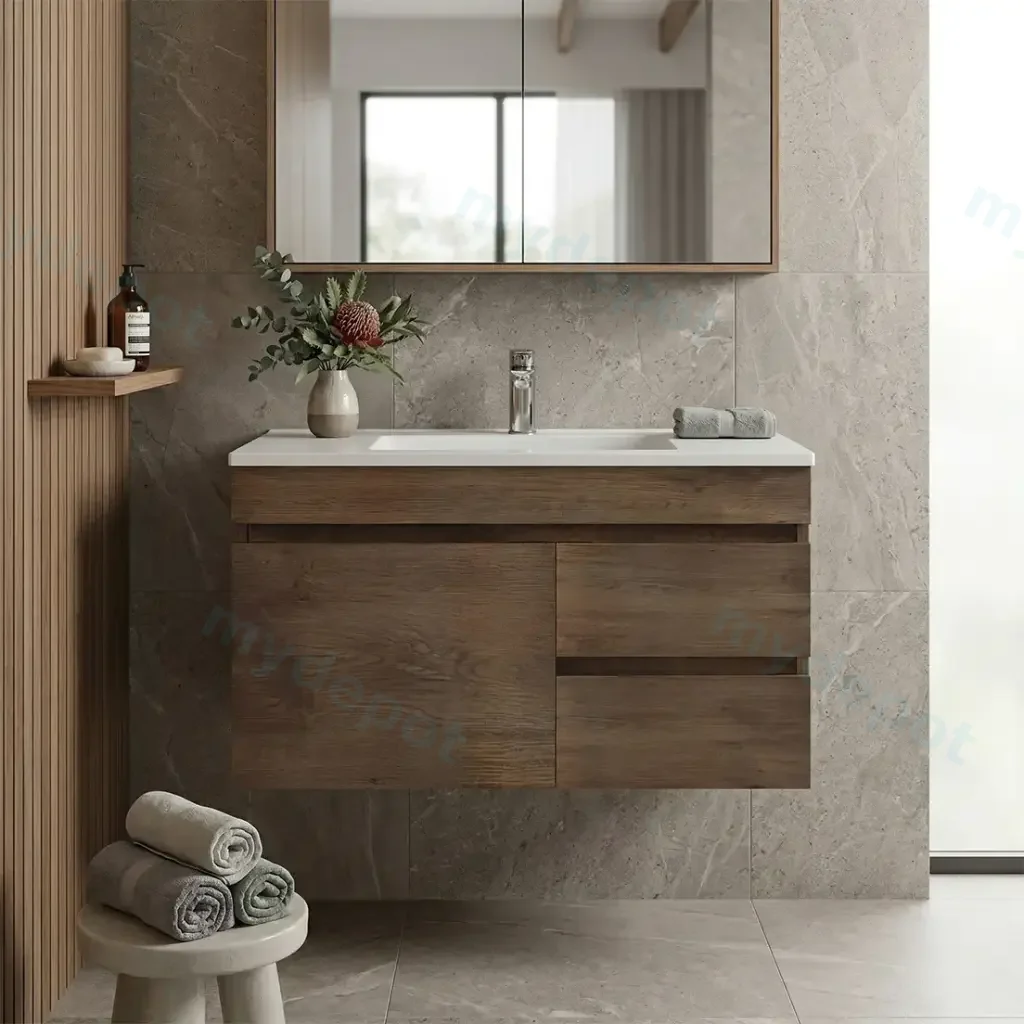 [93163/B94RW-DO] 900mm Dark Oak MDF Wall Hung Bathroom Vanity Cabinet Only Left Drawer PVC Vacuum Filmed
