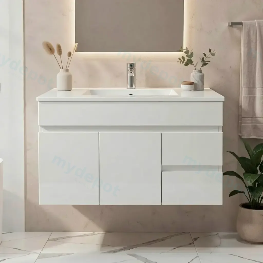 [91021/M94WR] 900Lx500Hx450Dmm Gloss White 2PAC MDF 2R/DW 2L/DR Wall Hung Vanity