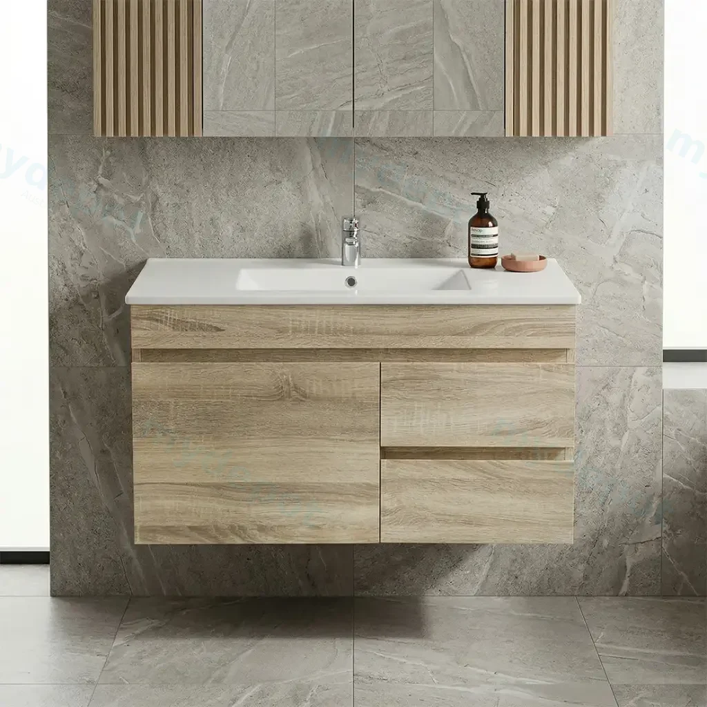 [93161/B94RW-WO] 900mm White Oak MDF Wall Hung Bathroom Vanity Cabinet Only Left Drawer PVC Vacuum Filmed
